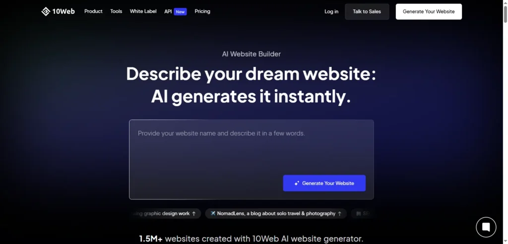 10Web AI website Builder homepage screenshot