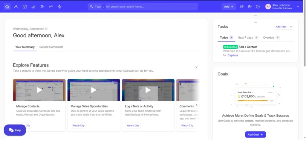 Capsule CRM dashboard interface