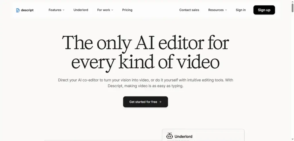 Descript Edit homage page interface