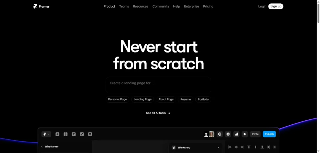 Framer AI website builder homepage interface