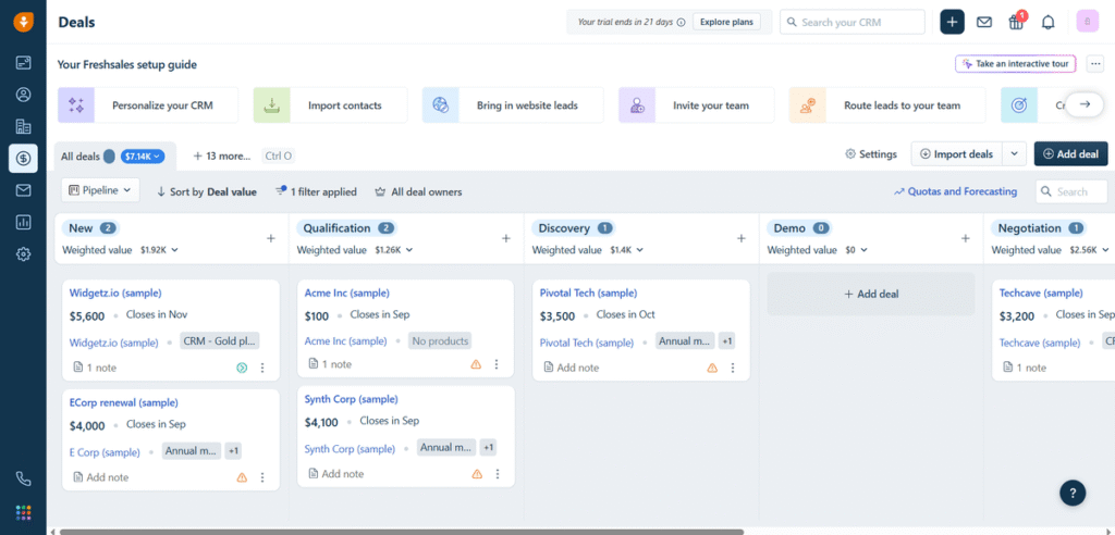 Freshsales CRM showing Deals