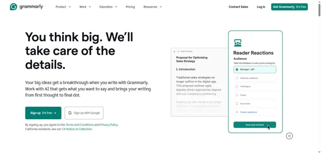 Grammarly AI homepage interface
