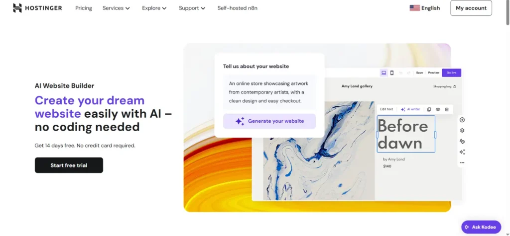 Hostinger AI website builder homepage screenshot 