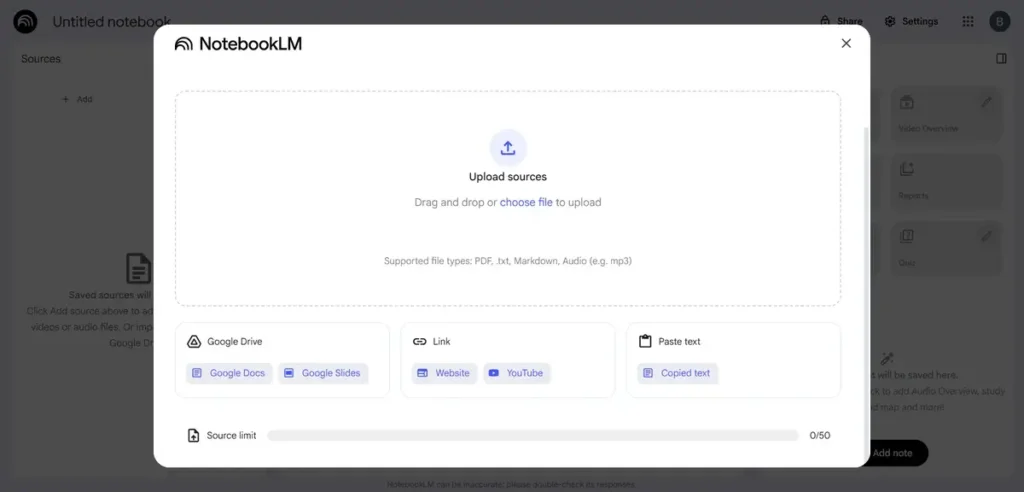 NotebookLM Dashboard showing showing upload source
