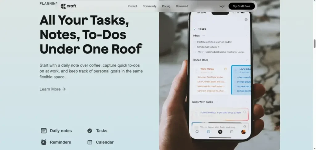 Craft homepage interface