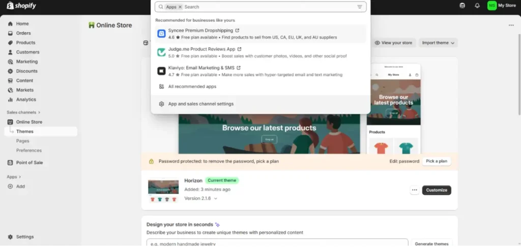 Shopify dashboard interface screenshot