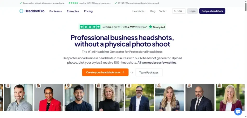 Headshot homepage interface