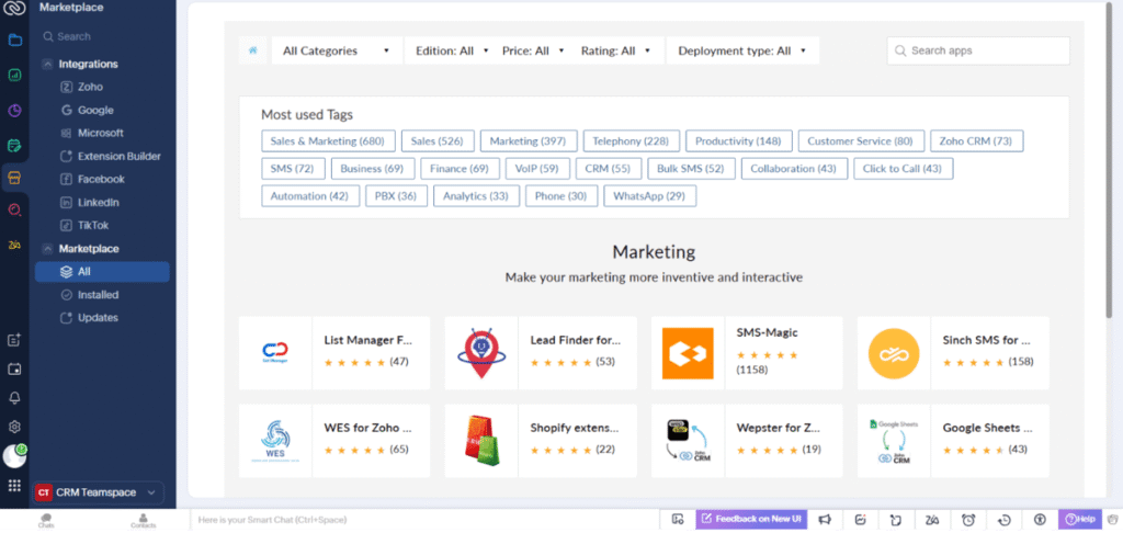 Zoho CRM the best CRM for small business, showing Marketplace-Integrations