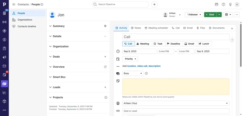Pipedrive CRM contact profile dashboard showing activities, deals, and organization details
