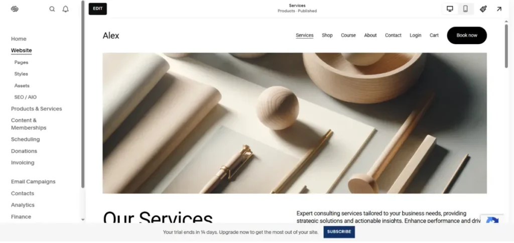Squarespace showing editor section